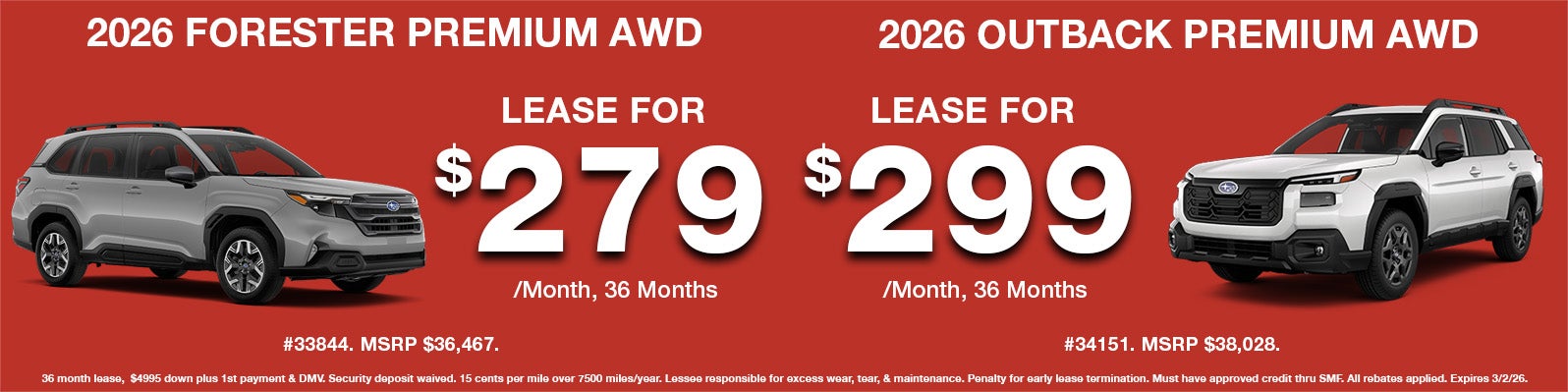 New 2026 Subaru Forester and Outback Premium Leases